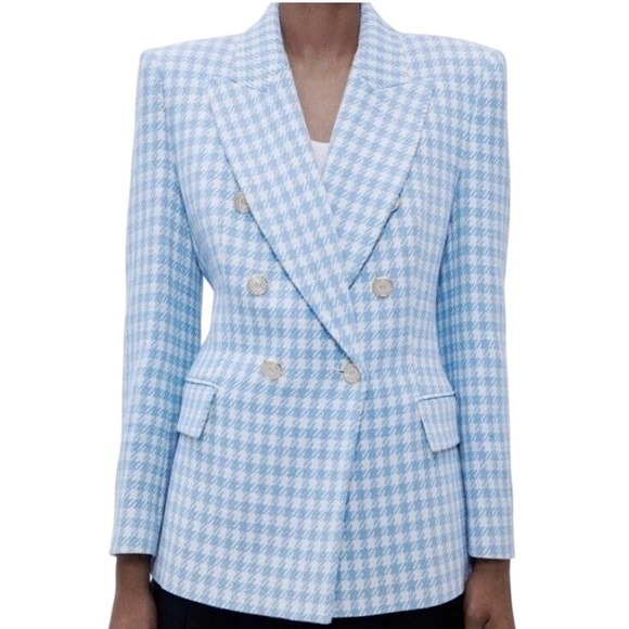 Zara Jackets & Blazers - Zara Double-Breasted Blazer‎ Jacket in Blue Check Plaid Princess Kate Sz XS